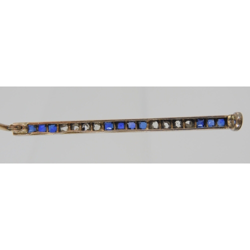 750 - A SAPPHIRE & DIAMOND BAR BROOCH the square cut sapphires and rose cut diamonds are channel set i... 