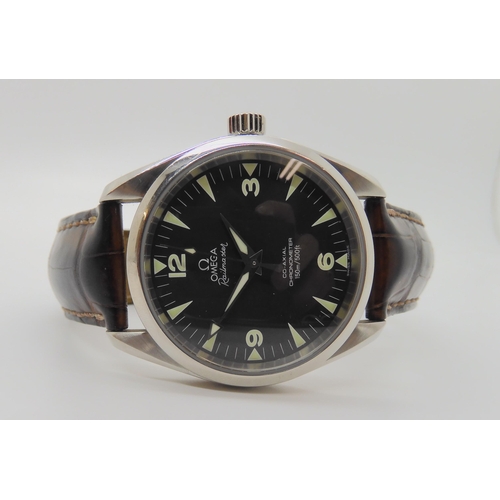 837 - AN OMEGA RAILMASTER CO AXIAL GENTS WRISTWATCHwith black dial, luminous chevron and Arabic numerals, ... 