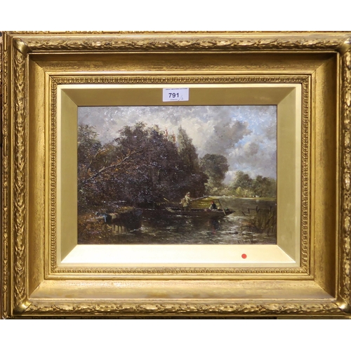 791 - CLIFFORD MONTAGUE Fisherman at a lock and figures beside a bridge, signed, oil canvas and board... 