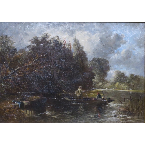 791 - CLIFFORD MONTAGUE Fisherman at a lock and figures beside a bridge, signed, oil canvas and board... 