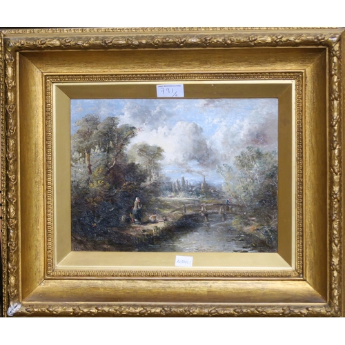 791 - CLIFFORD MONTAGUE Fisherman at a lock and figures beside a bridge, signed, oil canvas and board... 