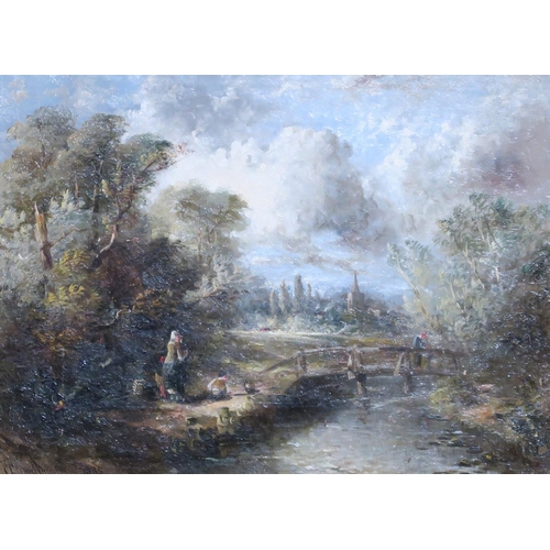 791 - CLIFFORD MONTAGUE Fisherman at a lock and figures beside a bridge, signed, oil canvas and board... 