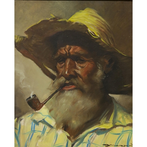 794 - CONTINENTAL SCHOOL Portrait head of a bearded man wearing straw hat and another, signed, oil on... 