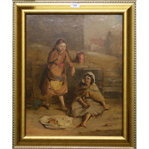 799 - SCOTTISH SCHOOL Two girls eating together, oil on canvas, 52 x 40cm