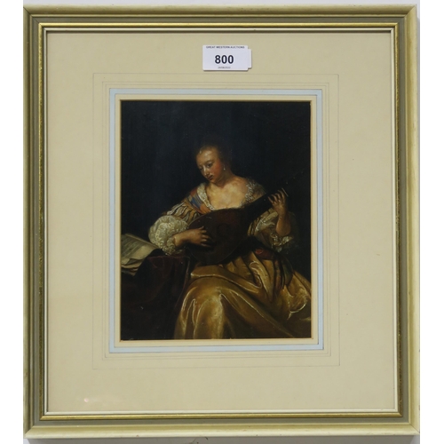 800 - AFTER FRANS VAN MIERIS Woman playing a lute, oil om board, 20 x 16cm