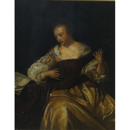 800 - AFTER FRANS VAN MIERIS Woman playing a lute, oil om board, 20 x 16cm