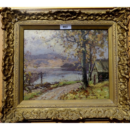 803 - THOMAS HOPE MCKAY Boathouse by a loch, signed, oil on canvas, 234 x 29cm