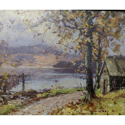 803 - THOMAS HOPE MCKAY Boathouse by a loch, signed, oil on canvas, 234 x 29cm