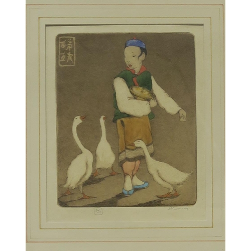 805 - DORSEY POTTER TYSON Goose Boy, signed, colour etching, 8/10, 14 x 11cm