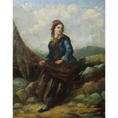 807 - SCOTTISH SCHOOL Fisher woman resting beside net, oil on canvas, 75 x 58cm ... 