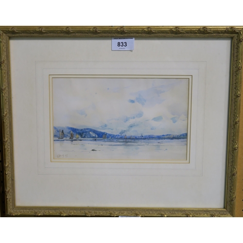 833 - JAMES KAY Boats on the Clyde, signed, watercolour, 15 x 24cm