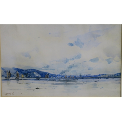 833 - JAMES KAY Boats on the Clyde, signed, watercolour, 15 x 24cm