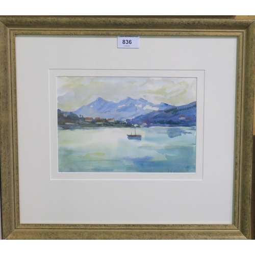 836 - AFTER CADELL Boat at anchor in a bay, signed, watercolour, 17 x 25cm