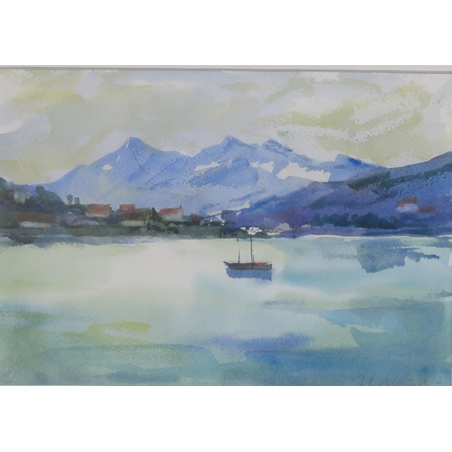 836 - AFTER CADELL Boat at anchor in a bay, signed, watercolour, 17 x 25cm