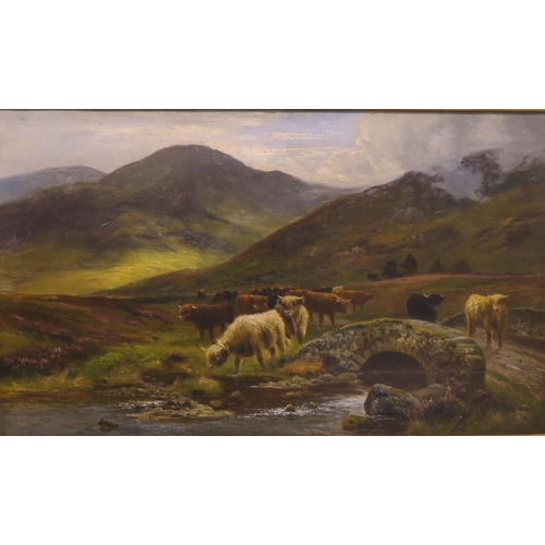 842 - D SHERRIN Highland cattle in a glen beside a bridge, signed, oil on canvas, 60 x 100cm... 