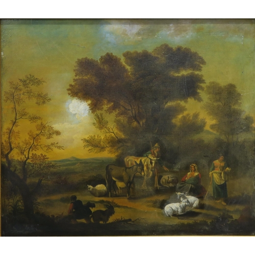 847 - AFTER WILLIAM SHAYER Family with cattle and sheep in a woodland, oil on canvas, 80 x 92cm... 