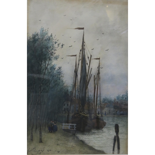 848 - JOSEF HENDRIKUS NEUHUYS Fishing boats at anchor, signed, watercolour, dated, 1875,m 50 x 35cm... 