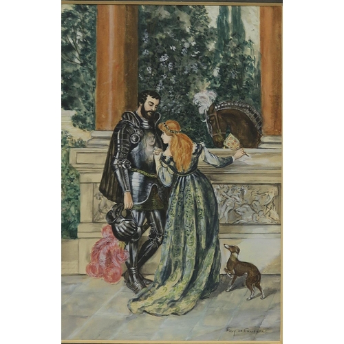 853 - A PAVY DE CHARENTAIS Knight and lady, signed, gouache, 22 x 15 and a print (2)