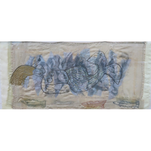 889 - A ARNOXMERMAID Stitching and watercolour on dyed silk, 23 x 50cm ... 