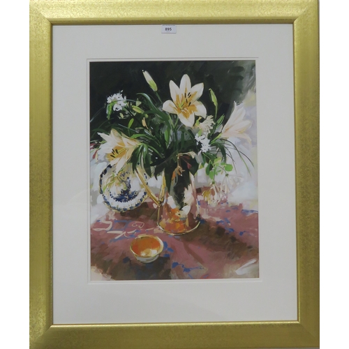 895 - GILLIAN GOODHEIR (SCOTTISH 1949-2022)LILIES IN A BRASS JUG Gouache on paper, signed lower right... 