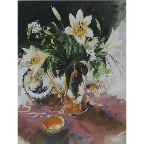 895 - GILLIAN GOODHEIR (SCOTTISH 1949-2022)LILIES IN A BRASS JUG Gouache on paper, signed lower right... 