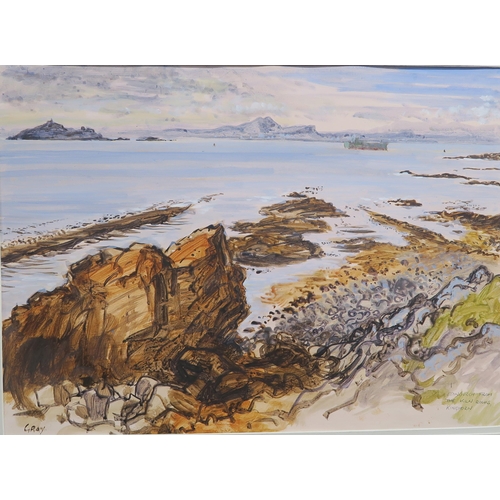 897 - DOUGLAS GRAY (SCOTTISH b.1965) EDINBURGH FROM THE KILN ROCKS, KINGHORN Mixed media on pape... 