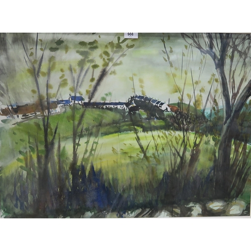 908 - <strong>SCOTTISH SCHOOL </strong><br />LANDSCAPE WITH HOUSES <br />Watercolour, 54 x 73cm...