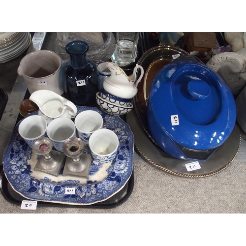 211 - A collection of pottery and glass including jugs, planters, wally dugs etc