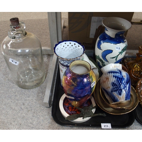 213 - Amber glass dressing table set, assorted decorative ceramics etc