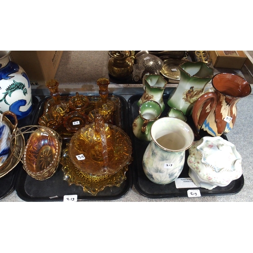 213 - Amber glass dressing table set, assorted decorative ceramics etc