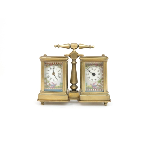 156 - A 19TH CENTURY FRENCH MINIATURE BRASS AND PORCELAIN CARRIAGE CLOCK AND BAROMETEReach with a porcelai... 