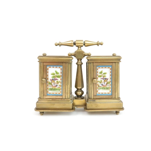 156 - A 19TH CENTURY FRENCH MINIATURE BRASS AND PORCELAIN CARRIAGE CLOCK AND BAROMETEReach with a porcelai... 