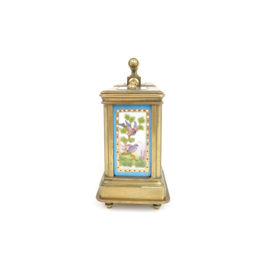 156 - A 19TH CENTURY FRENCH MINIATURE BRASS AND PORCELAIN CARRIAGE CLOCK AND BAROMETEReach with a porcelai... 