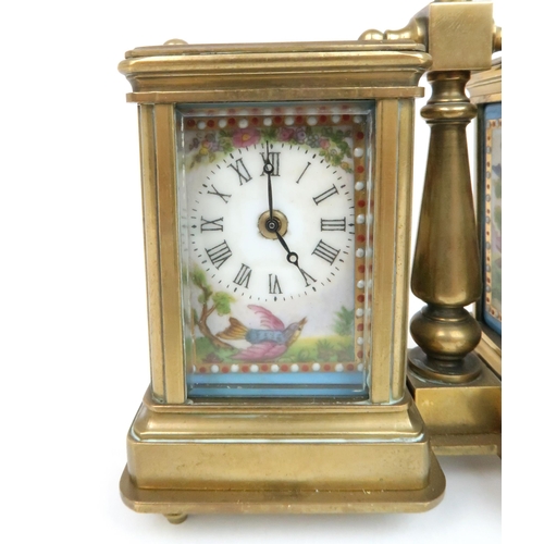 156 - A 19TH CENTURY FRENCH MINIATURE BRASS AND PORCELAIN CARRIAGE CLOCK AND BAROMETEReach with a porcelai... 