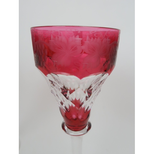 157 - A SET OF SIX RUBY FLASHED AND CUT GLASSESwith etched vine decoration, 19cm high... 