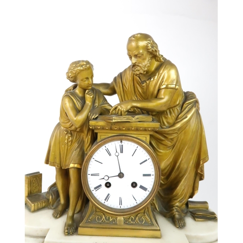 168 - A 19TH CENTURY FRENCH GILT BRONZE MANTLE CLOCKmodelled as a scholar and boy looking at books, with a... 