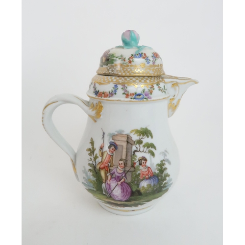 190 - A MEISSEN CHOCOLATE POTwith painted decoration of figures, the lid with applied rose, a Bing and Gro... 