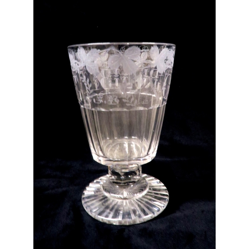 203 - A LATE 18TH CENTURY/ EARLY 19TH CENTURY GLASS RUMMERof large form engraved with NO GRUMBLING with a ... 