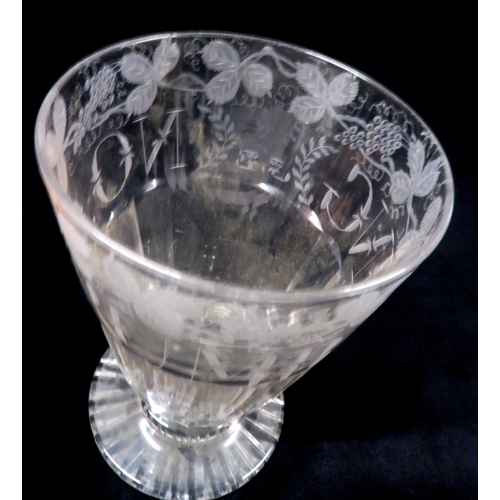 203 - A LATE 18TH CENTURY/ EARLY 19TH CENTURY GLASS RUMMERof large form engraved with NO GRUMBLING with a ... 