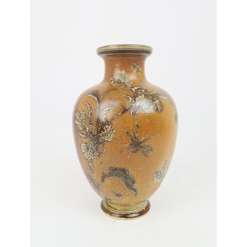 207 - A MARTIN BROTHERS POTTERY STONEWARE VASEof shouldered tapering form, decorated with slipper orchids ... 