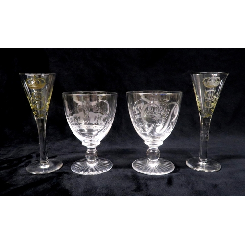 210 - A PAIR OF HARBRIDGE GEORGE VI 1937 CORONATION GLASSEStogether with a pair of wine glasses, with insi... 