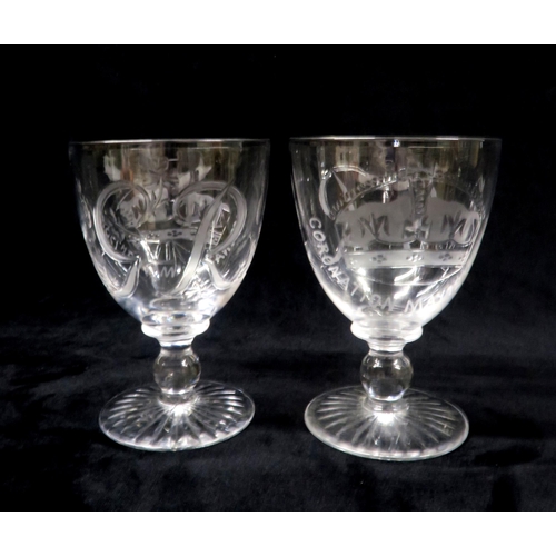 210 - A PAIR OF HARBRIDGE GEORGE VI 1937 CORONATION GLASSEStogether with a pair of wine glasses, with insi... 