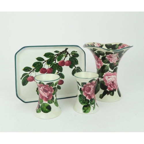 211 - A WEMYSS LADY EVA VASEdecorated with cabbage roses, 20cm high, a pair of waisted cabbage ware vases ... 