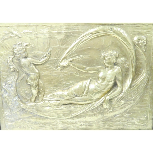 217 - WILLIAM SHIRREFFS (1846-1902)  A GILDED BRONZE PANELdepicting a reclining maiden and cherub in a swa... 