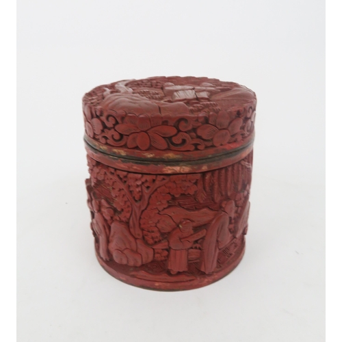 327 - A CHINESE CINNABAR LAQUER CIRCULAR BOXcarved with figures in gardens, 8cm high, rectangular box and ... 