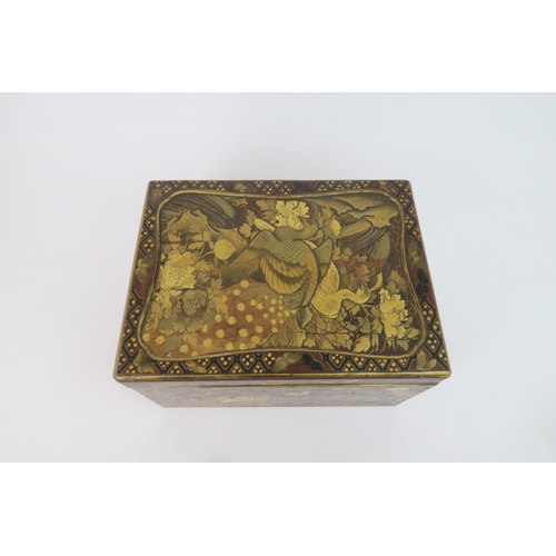 329 -  A JAPANESE GOLD LACQUERED BOXwith shaped cover and base drawer,decorated with birds, butterfli... 