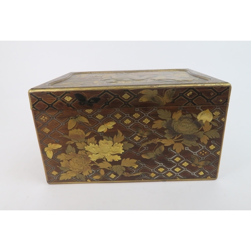 329 -  A JAPANESE GOLD LACQUERED BOXwith shaped cover and base drawer,decorated with birds, butterfli... 