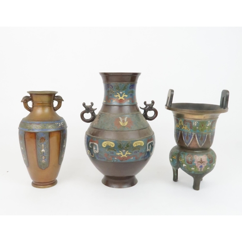 333 - A CHINESE BRONZE AND ENAMEL BALUSTER VASE30cm high, another vase, 25cm high and an incense burner, 2... 