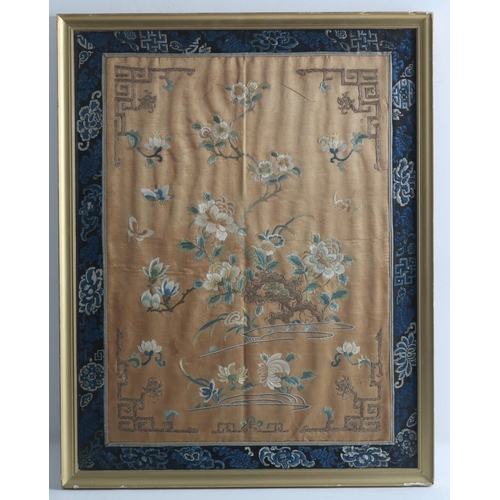 351 - A COLLECTION OF CHINESE SILK EMBROIDERIESincluding a purple ground panel embroidered with pagodas, p... 