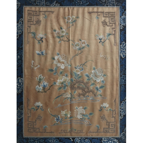 351 - A COLLECTION OF CHINESE SILK EMBROIDERIESincluding a purple ground panel embroidered with pagodas, p... 